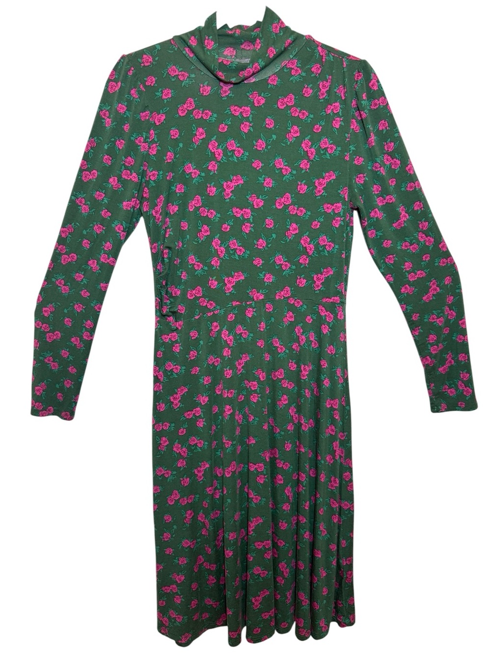 ModCloth Whimsy Goth Floral Print Dress, Mock Neck Long Sleeve Rouched Detail L